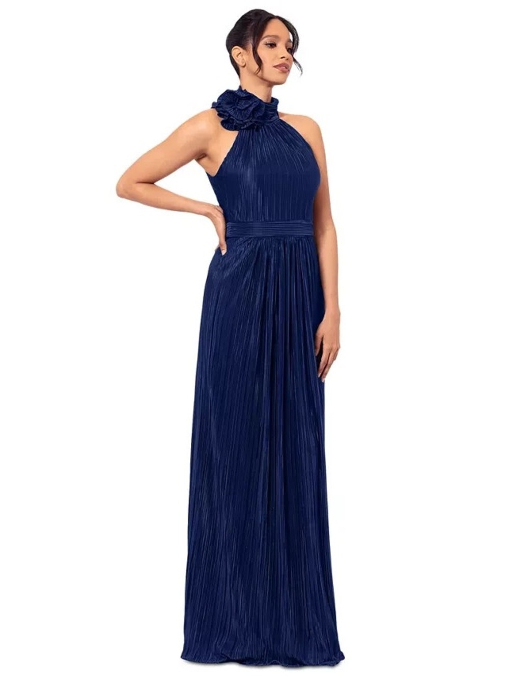 Betsy & Adam Mock Neck Pleated Halter Gown Long Dress Rosette Navy Blue 12 NEW